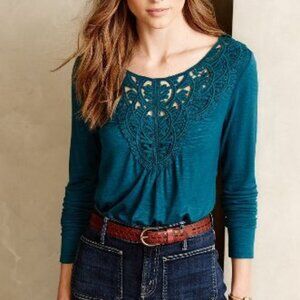 ANTHROPOLOGIE Bobbinlace Tee Knit Top Teal Crochet Lace Front Petite